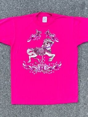 Vtg 1992 Carousel Horse Bows Tee M Pink Single Stitch Jerzees 50/50 Coquette